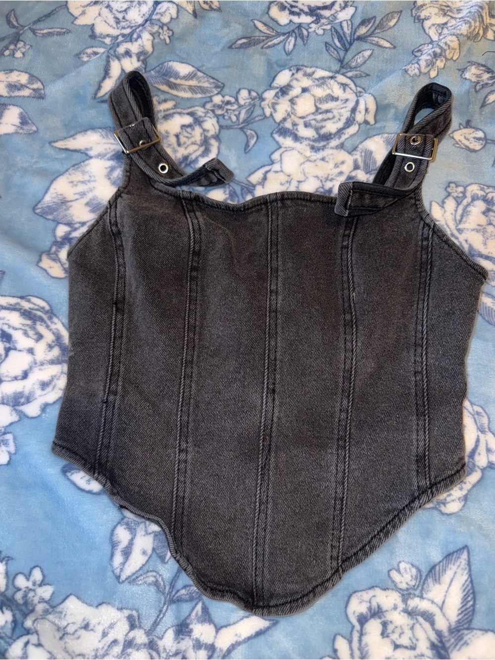 Black Denim Corset Tank Top with Adjustable Straps XXS